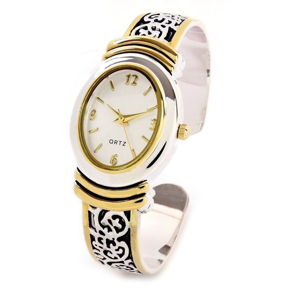 2Tone Oval Face Western Style Bangle Cuff Watch - Picture 1 of 5